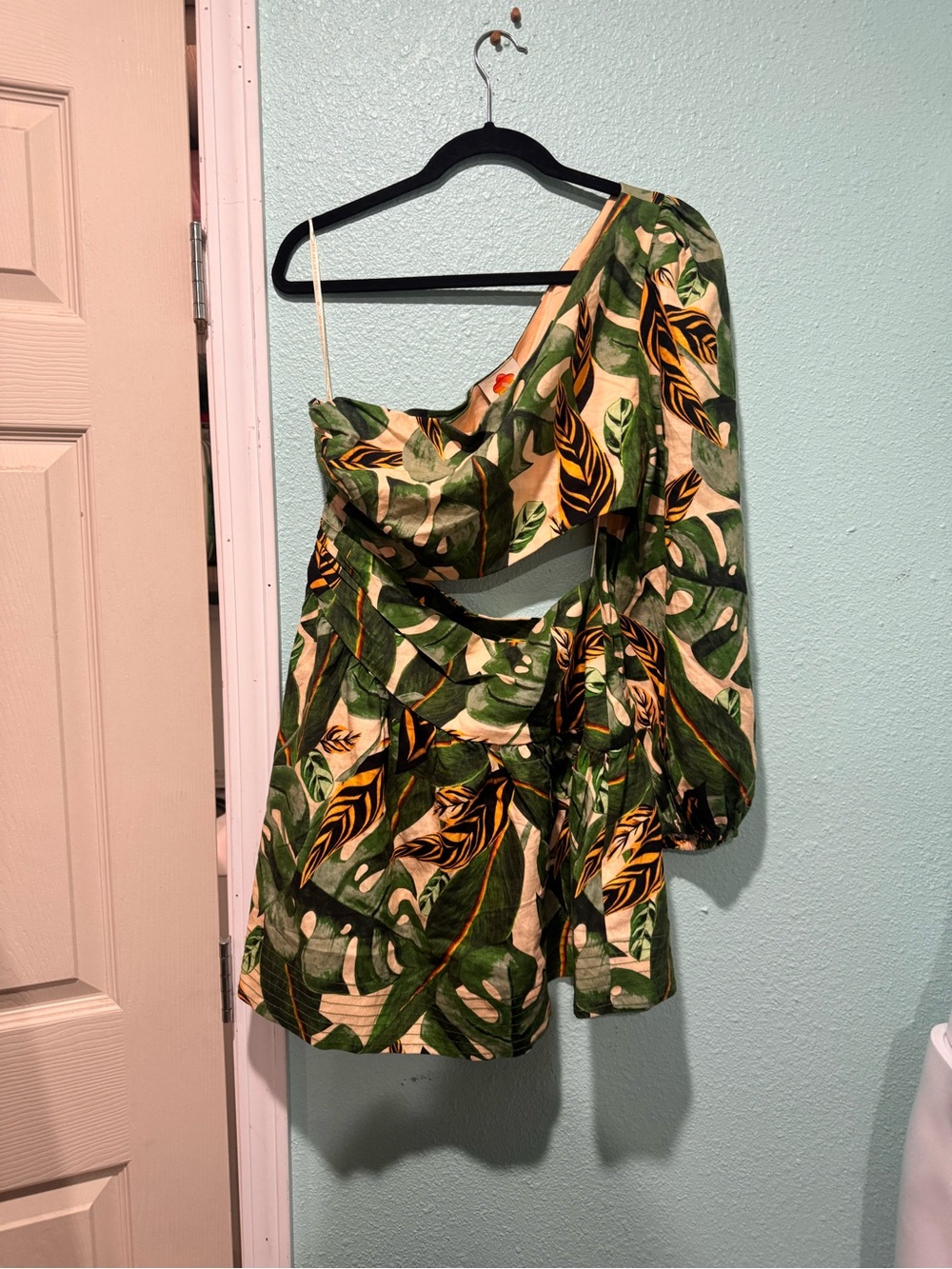 FARM Rio Green and Yellow Tropical One-Shoulder Mini Dress